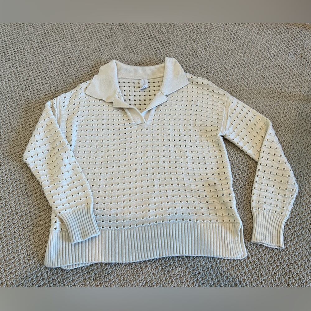 Joie Open Stitch/Weave Sweater, Cream, Size Large, Polo, Cozy, Comfy